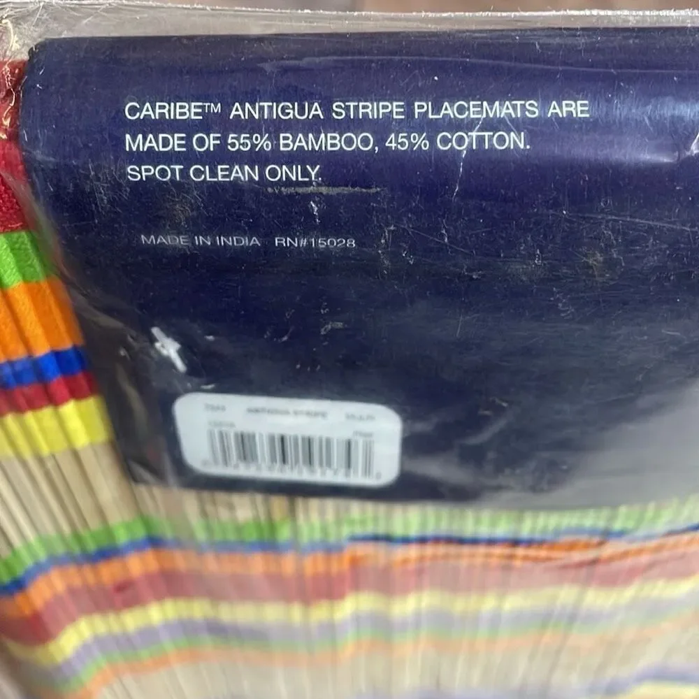 Dansk Antigua Stripe Rainbow Color New NIP 4 Piece Set Placemats Bamboo Cotton